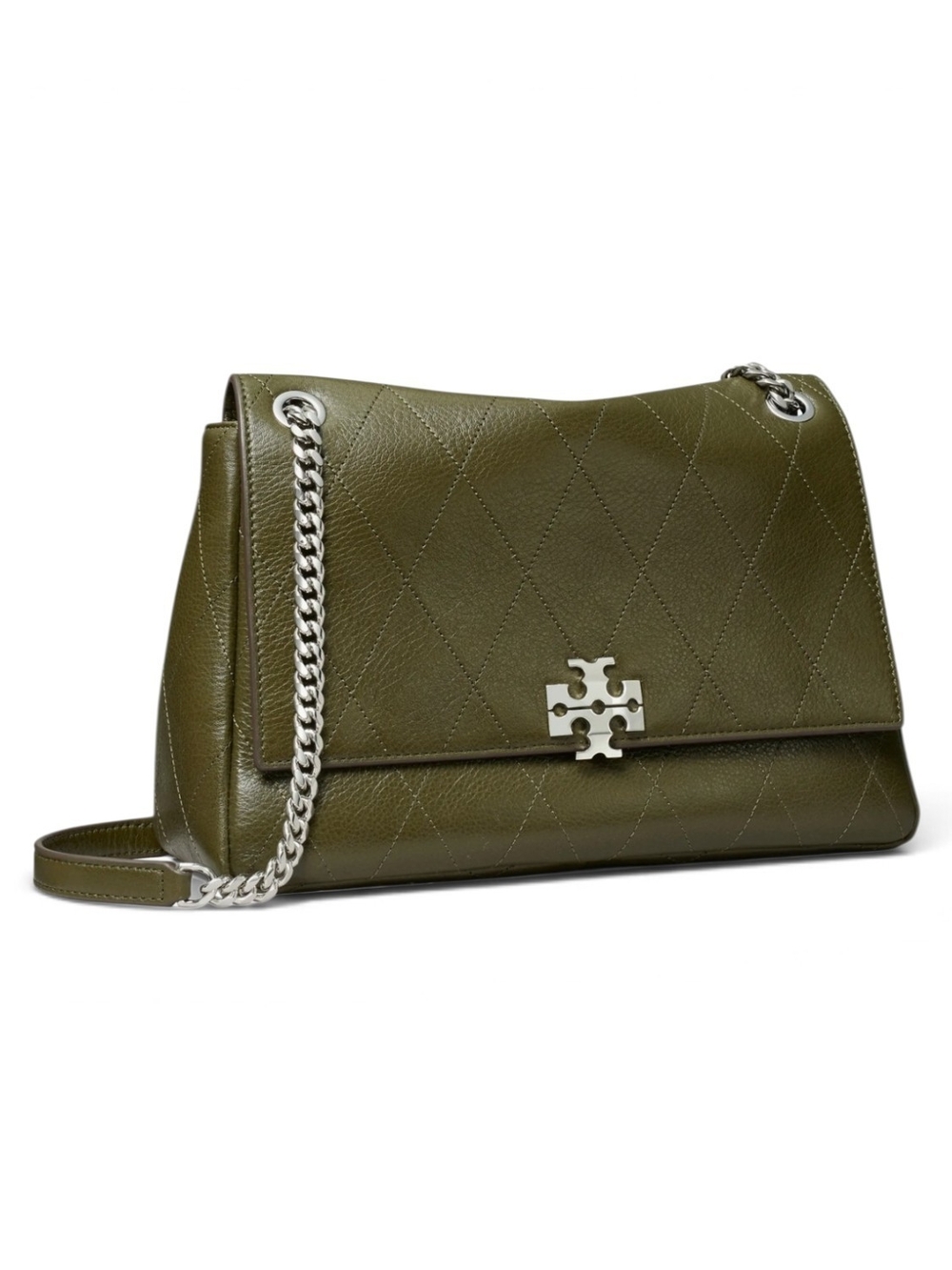 Tory Burch Olive Quilted Leather Shoulder Bag with Silver Chain